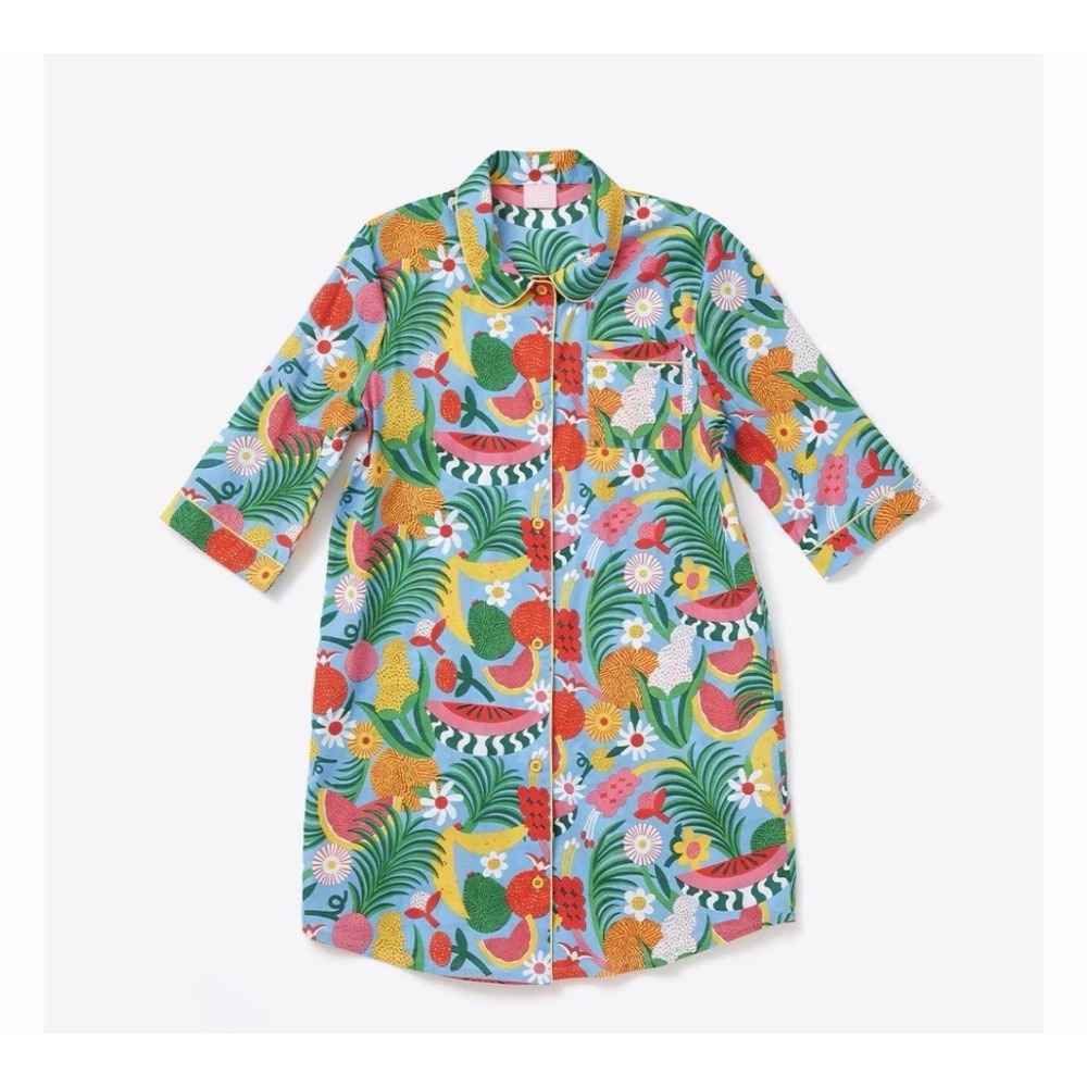 Ban.Do Sleep Shirt M Blue Tutti Frutti Collared Pocket 3/4 Sleeves Cotton Lounge